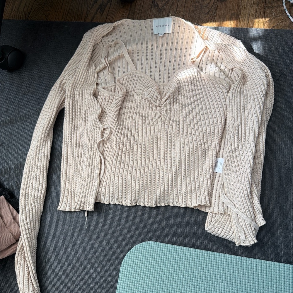 Tan Ribbed Cami and Cardigan Set - Cream